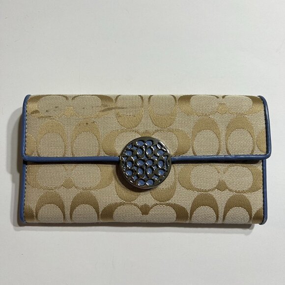 Coach Alexandra Slim Envelope Cream Wallet Trifold Signature With Blue Leather - Picture 1 of 11